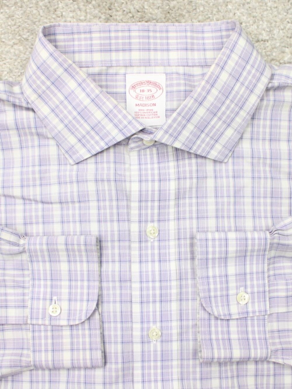 Brooks Brothers Shirt Mens 18, 35 Purple Madison Non-Iron 100% Supima Cotton L/S